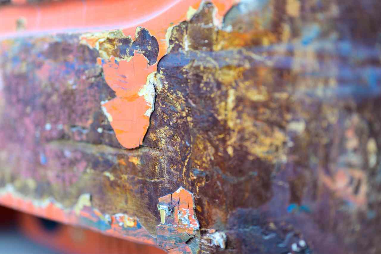 An up-close shot of corrosion on a metal surface.