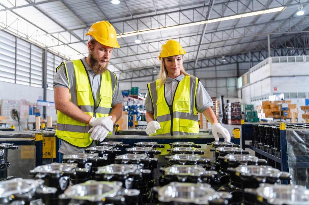 Two technicians in safety gear are analyzing products that have had industrial protective coatings applied.