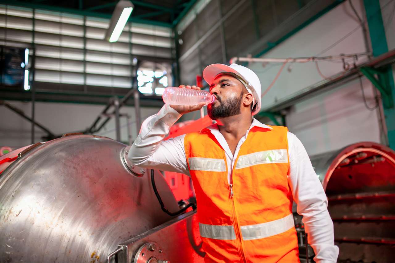 A sanitation industry worker in a bright orange vest takes a drink of water from a plastic water bottle.