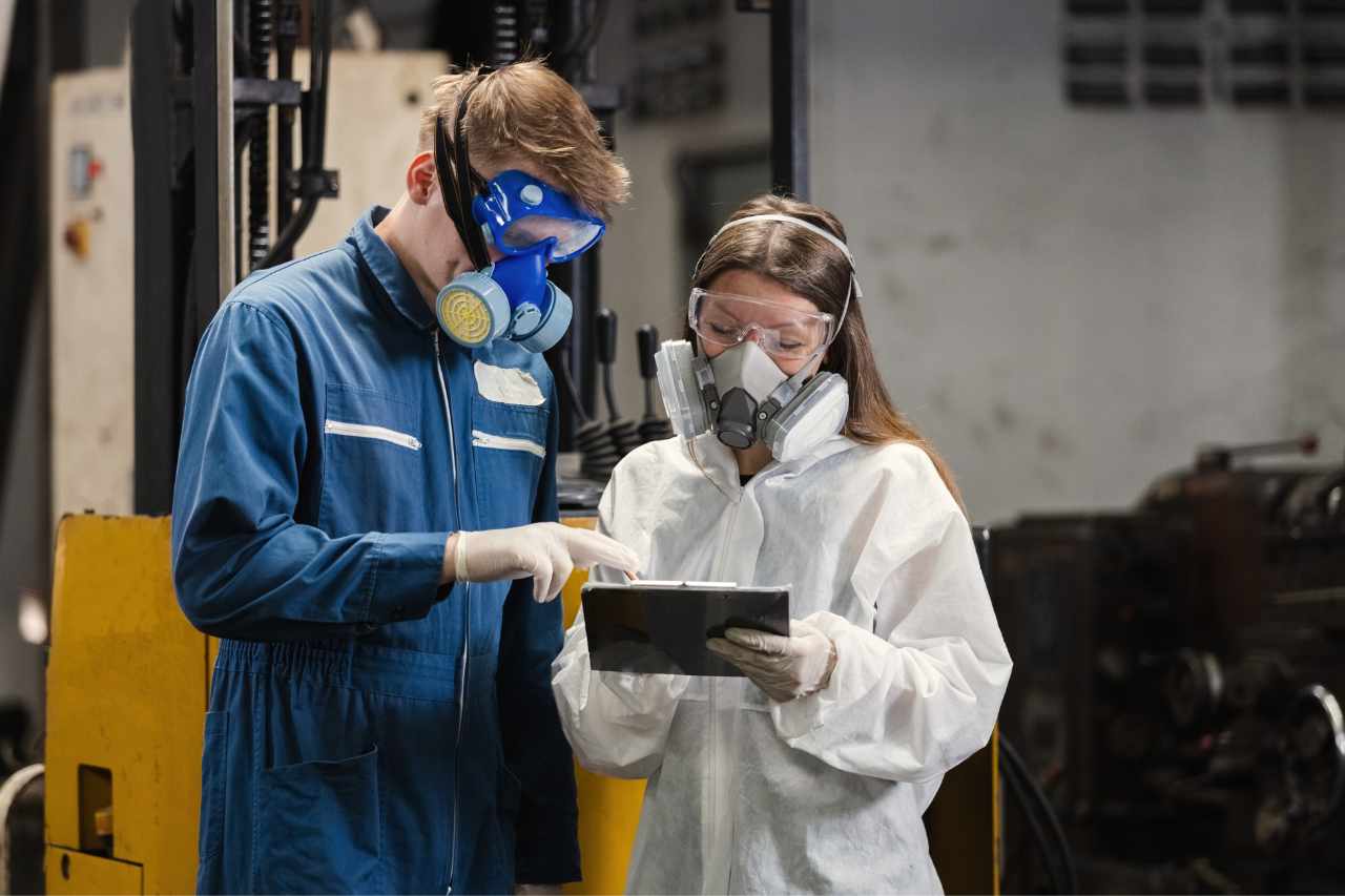 A quality assurance duo stands next to one another in PPE and analyses data. 