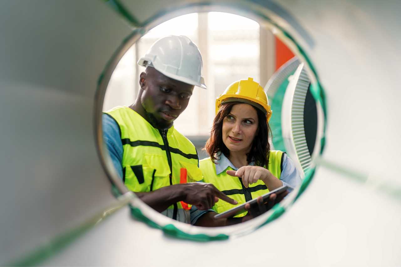 A male African American and female Caucasian inspector check equipment during our quality assurance tests.